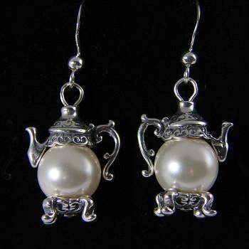 Faux Pearl Silver Teapot Earrings