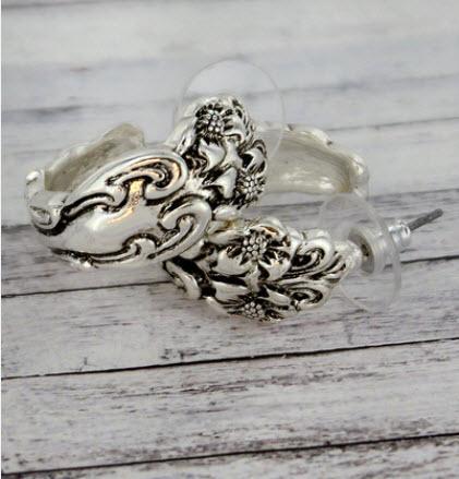 Fleur de Lis Silver Spoon Style Hoop Earrings- Only 1 Left!