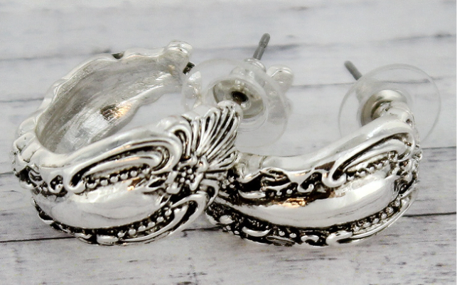 Floral Fan Silver Spoon Style Hoop Earrings