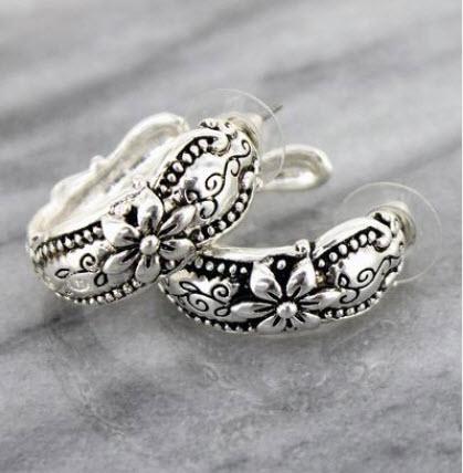 Flower Scroll Silver Spoon Style Hoop Earrings