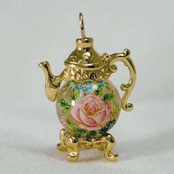 Gold Vermeille Rose on Clear Bead Teapot Earrings