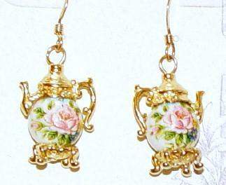 Gold Vermeille Rose on White Teapot Earrings