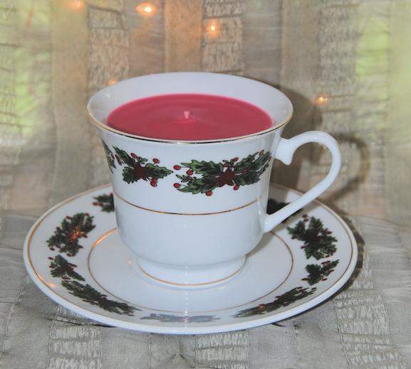 Holly Tea Cup Candle with Saucer (Gift Wrapped!)