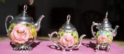 Large Silver with Pink Rose on "Pearl" Teapot Charm
