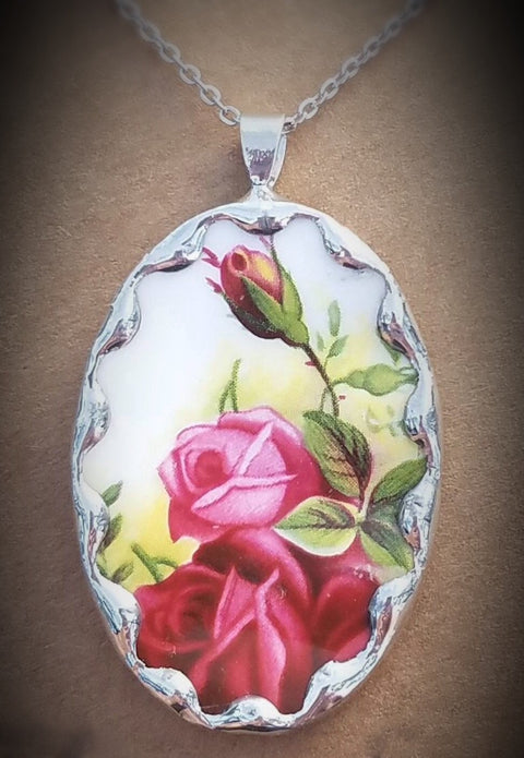 Oval Old Country Rose Broken China Pendant Necklace