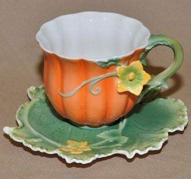 Painted Fall Pumpkin Tea Cup and Saucer (Teacup) - FREE Pumpkin Spice Tea Included!