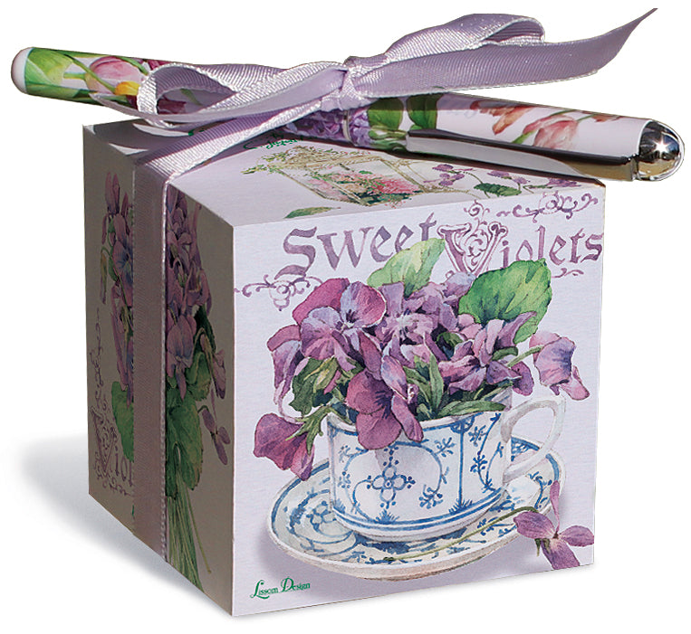 Sweet Violets Paper Note Block and Pen - Roses And Teacups 