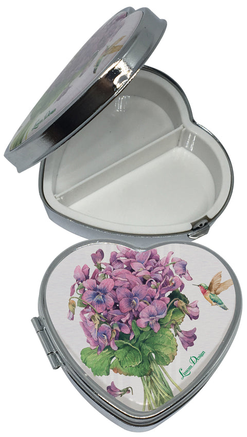 Sweet Violets and Hummingbird Heart Shaped Pill Box - Roses And Teacups 