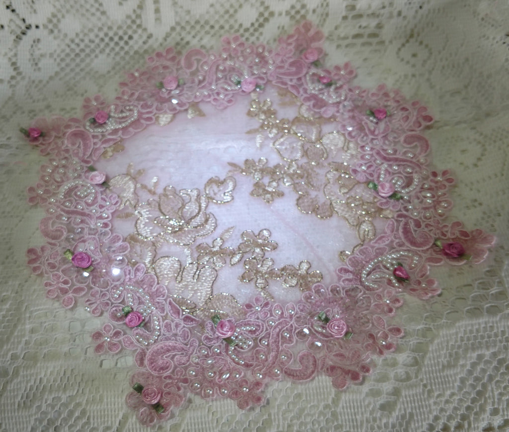 Pink and Gold Beaded Lace Doily - Only 1 Left!