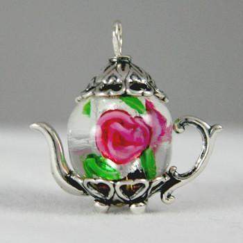 Pink and Green Chinese Lampwork Medium Silver Teapot Charm