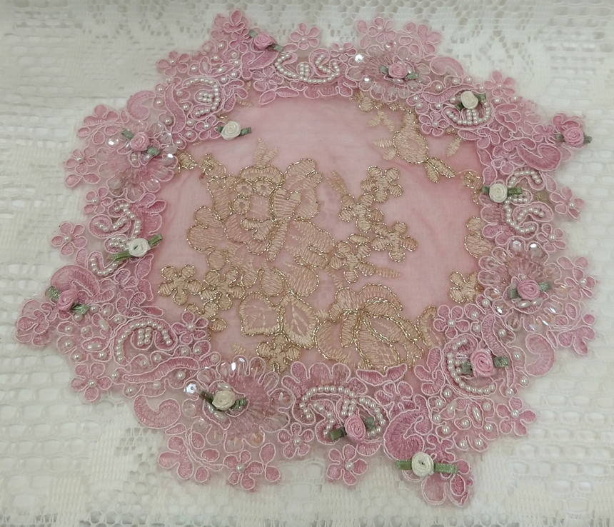 Pink Beaded Gold Thread Lace Doily-Roses And Teacups
