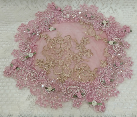 Pink Beaded Gold Thread Lace Doily - 3 Available!