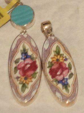 Purple Floral Sterling and China Pendants With / Without Aqua Fiesta Ware