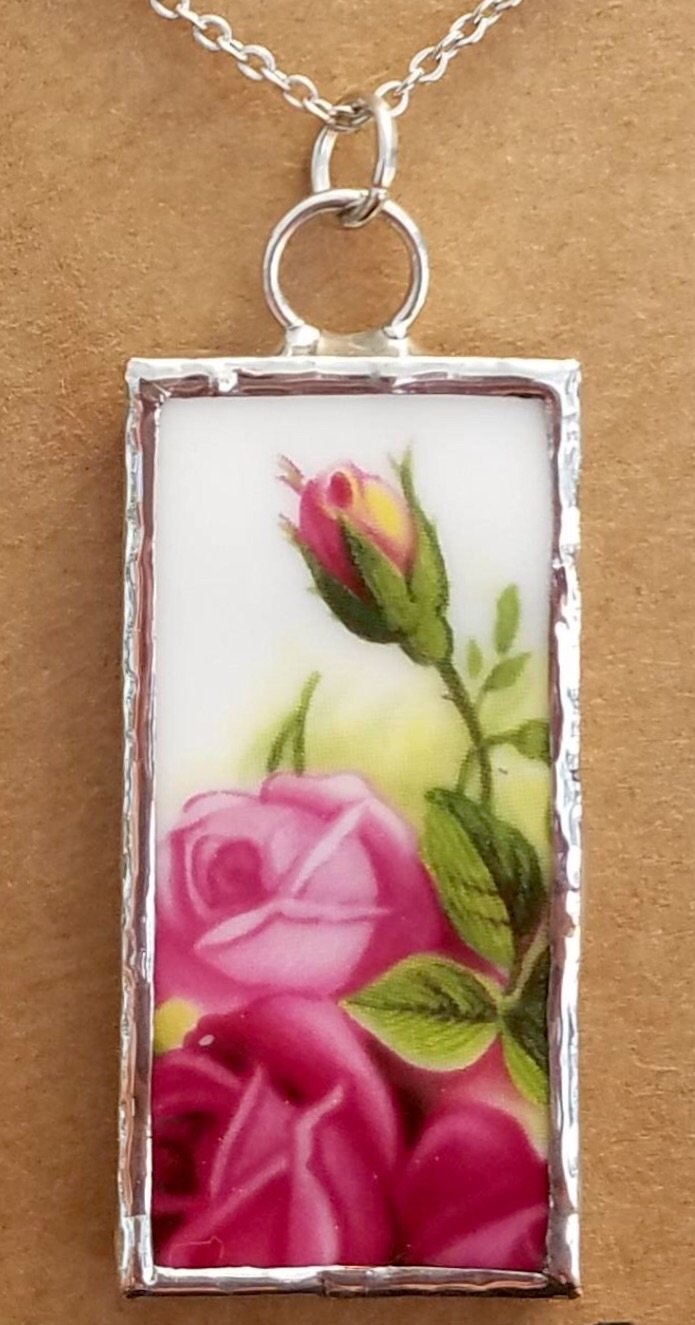 Rectangle Old Country Roses Broken China Pendant Necklace