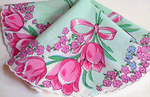 Pink Tulips Round Vintage Style Cotton Hankie - Roses And Teacups 