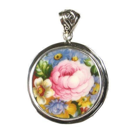Royal Albert Lady Carlyle Sterling Silver Broken China Jewelry Round Pendant