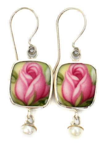 Royal Albert Old Country Roses Sterling Silver Broken China Pearl Jewelry Earrings Pink
