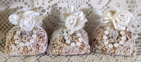 Set of 3 White Roses and Pearls on White Lace Scented Sachet Party Favors - Only 1 Set Available!