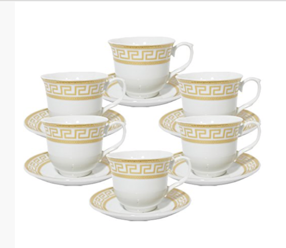 Set of 6 Gold Geometric Border Wholesale Tea Cups and Saucers