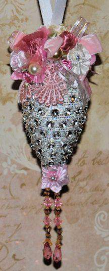 Silver Teardrop Victorian Ornament 8 inches long Beaded w Glass