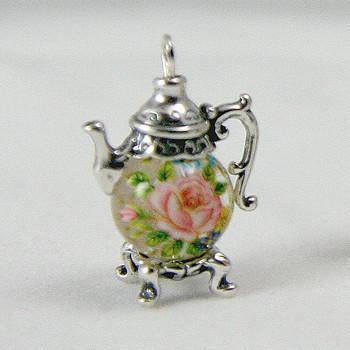 Small Pink Rose on Clear Sterling Silver Teapot Charm