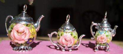 Small Silver with Pink Rose on "Pearl" Teapot Charm