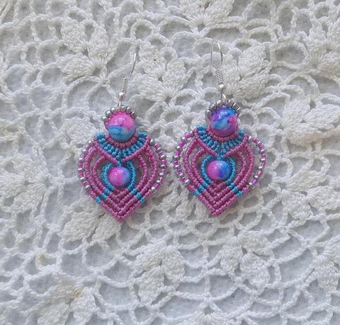 Sweetheart Pink and Blue Macrame Earrings