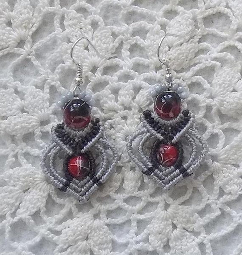 Sweetheart Red and Gray Macrame Earrings