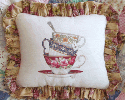 Stacked Tea Cups Accent Pillow - Roses And Teacups 