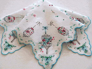 Bird Cages Vintage Style Cotton Hankie - Roses And Teacups 