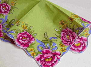 Chartreuse Ribbons and Roses Vintage Style Cotton Hankie - Roses And Teacups 