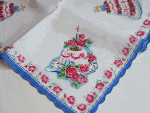 Festive Layer Cakes Vintage Style Cotton Hankie - Roses And Teacups 