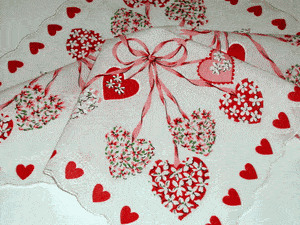 Floral Hearts and Streamers Valentine Vintage Style Cotton Hankie - Roses And Teacups 
