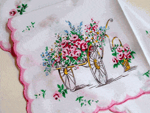 French Flower Cart Vintage Style Cotton Hankie - Roses And Teacups 