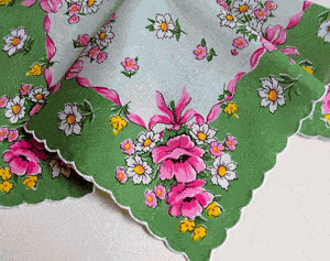 Summer Green Floral Vintage Style Cotton Hankie - Roses And Teacups 