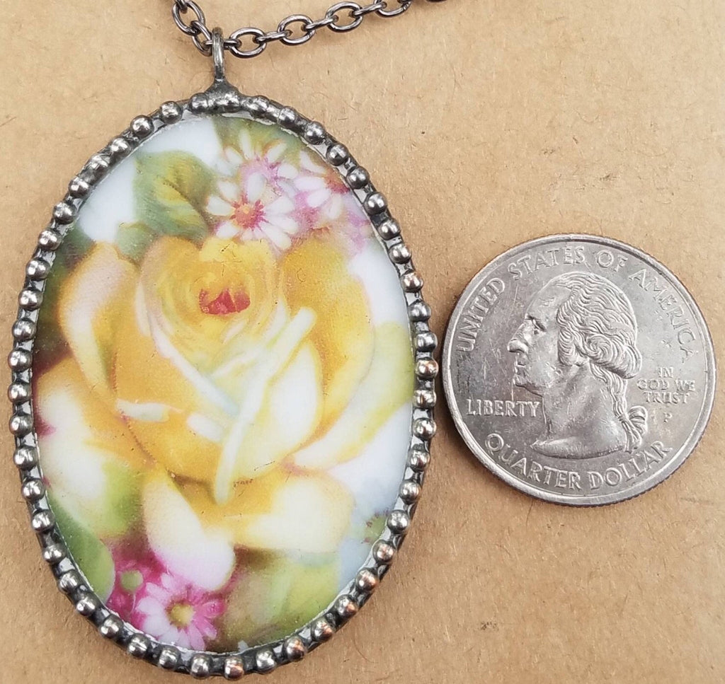 Yellow Rose Broken China Oval Pendant Necklace